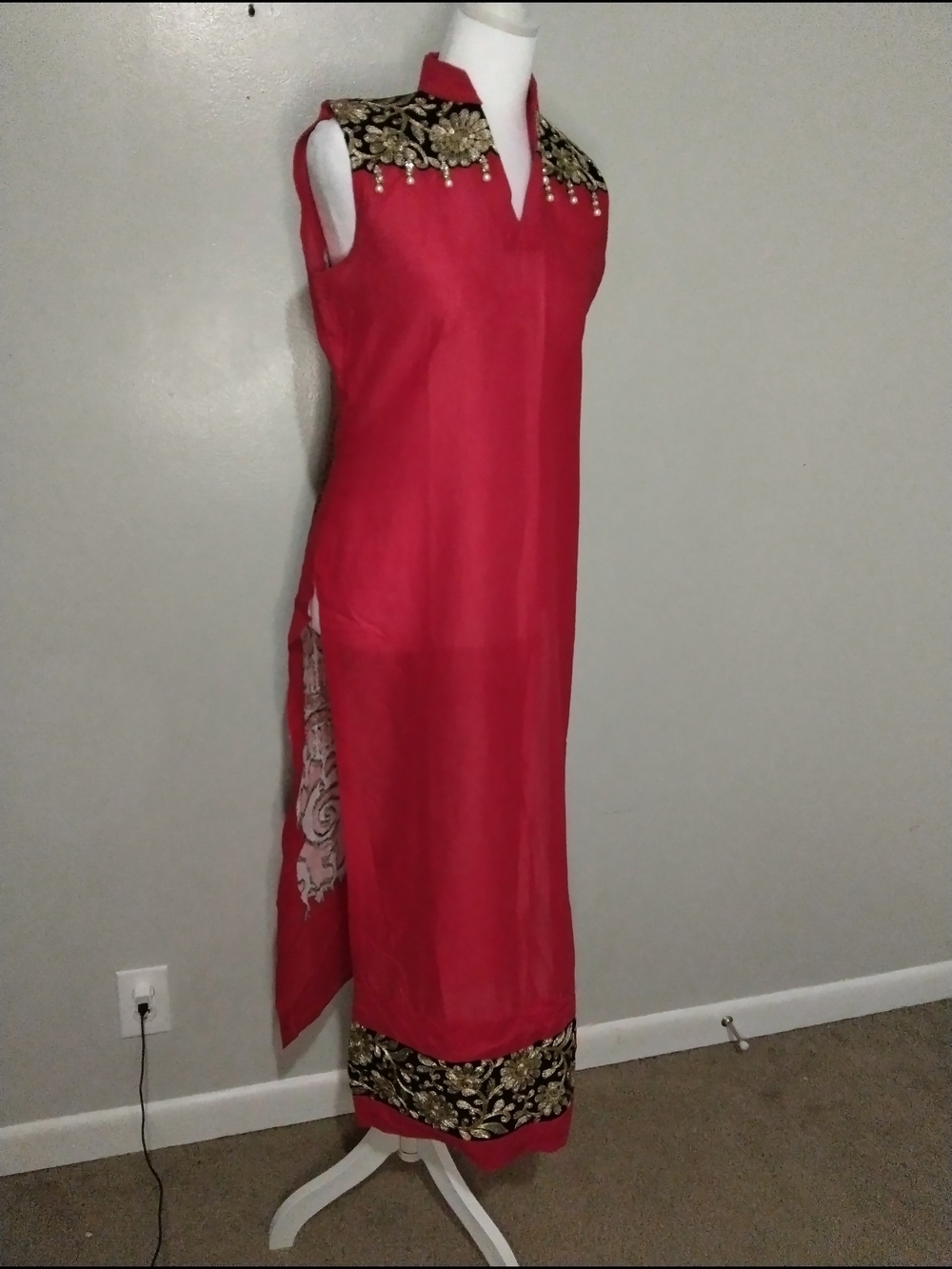 Sleeveless Red Maxi Dress with Gold Embroidered Trim